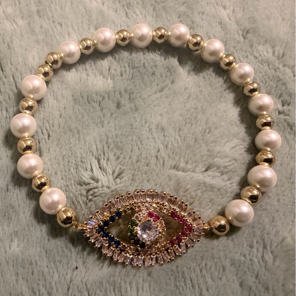 Multicolored Evil Eye and Pearl Bracelet
